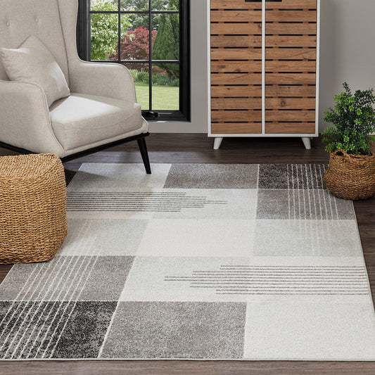 DENISE Scandi Geometric Grey Area Rug Roomscene