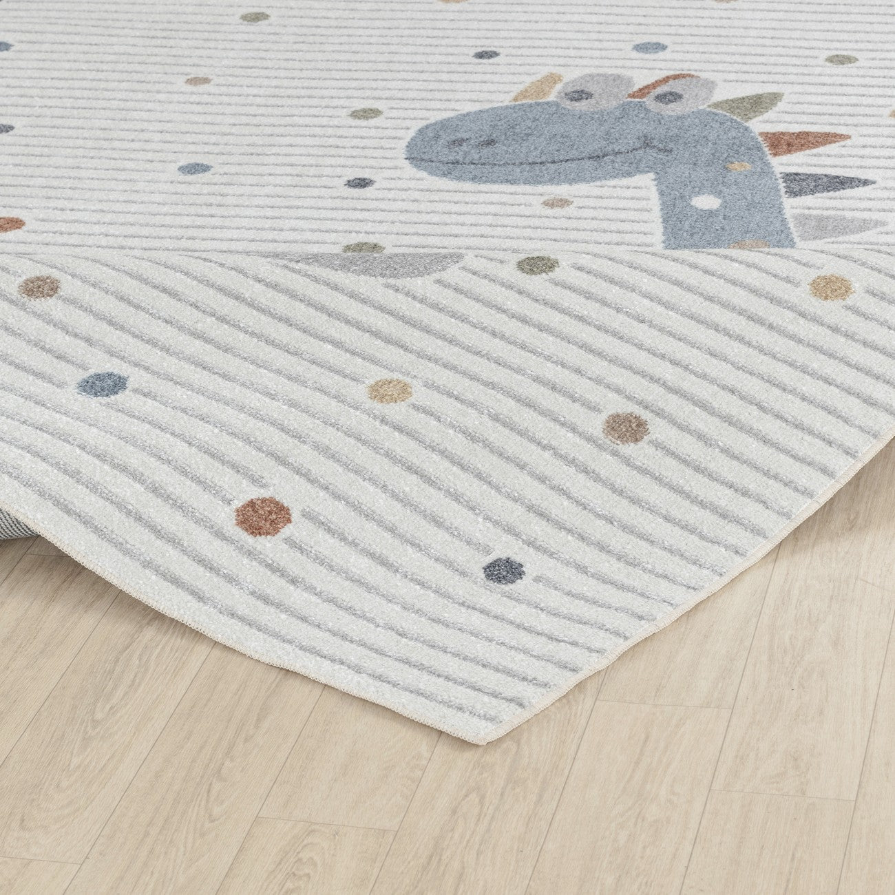 DINO Machine Washable Beige/Grey Kids Room Rug Fold