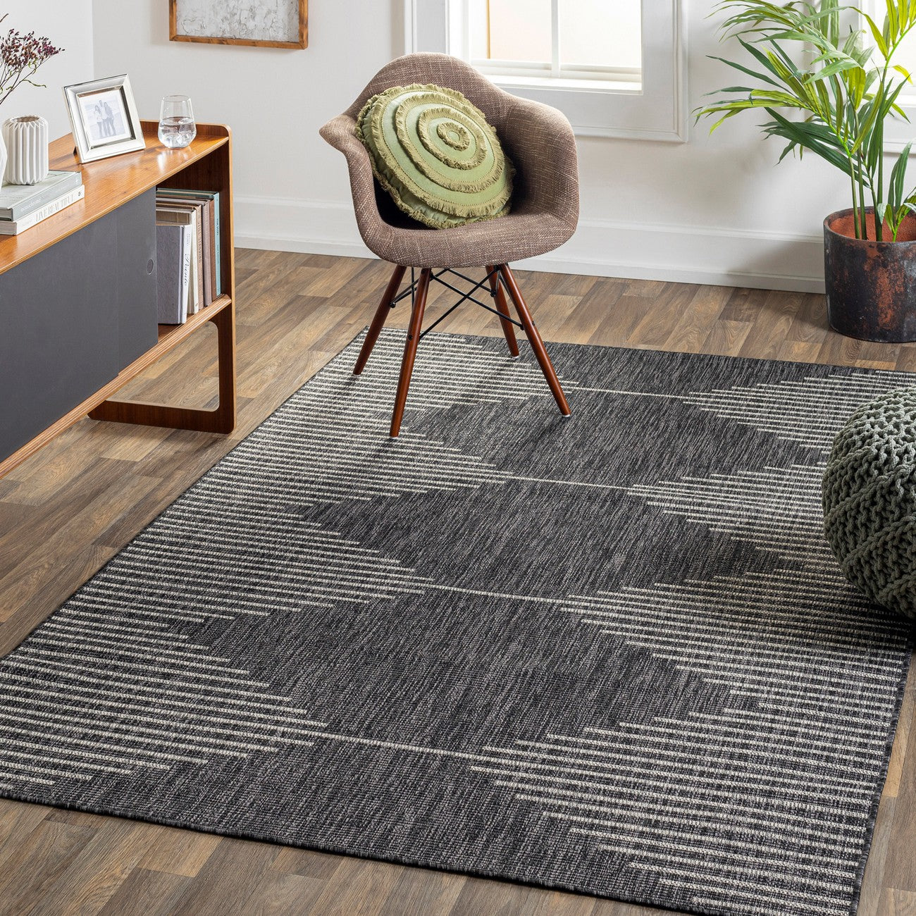DOLLY Indoor & Outdoor Global Charcoal Area Rug Roomscene