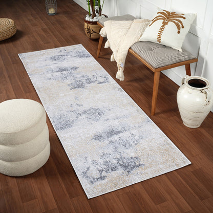 EDITH Abstract Modern Marble Charcoal/Amber Area Rug Roomscene