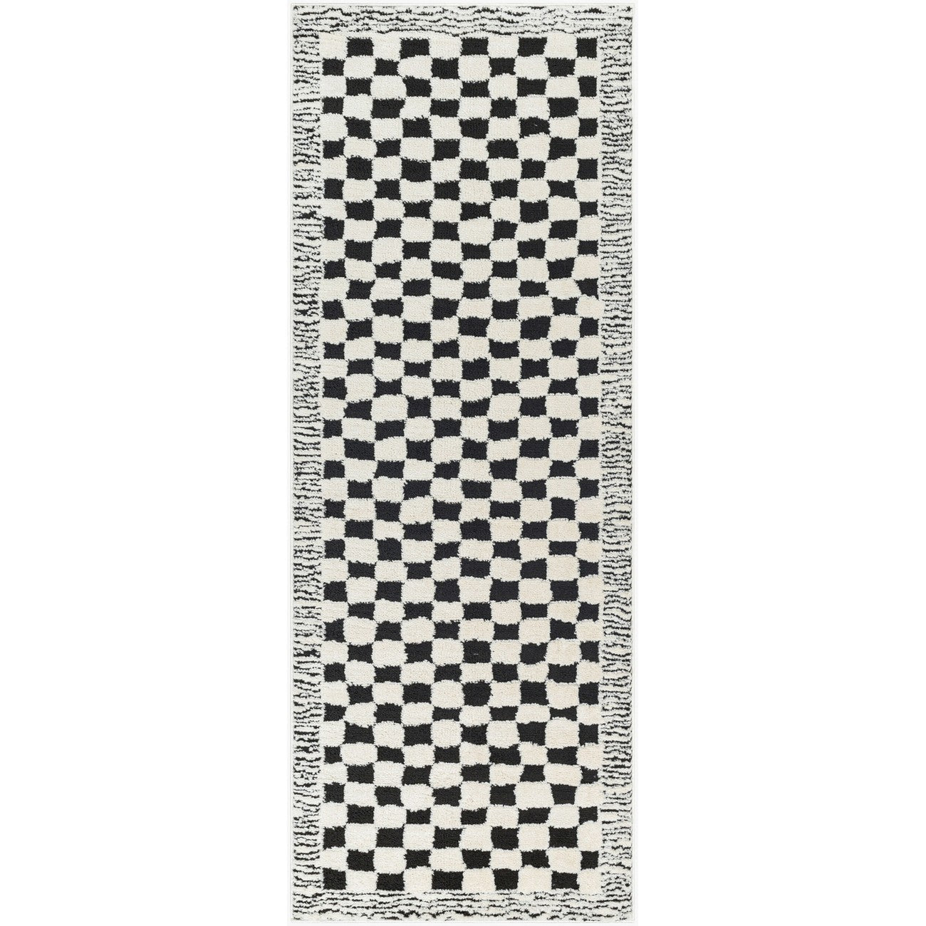 EKTA Scandi Modern High Pile Ivory/Black Checkered Area Rug Flat
