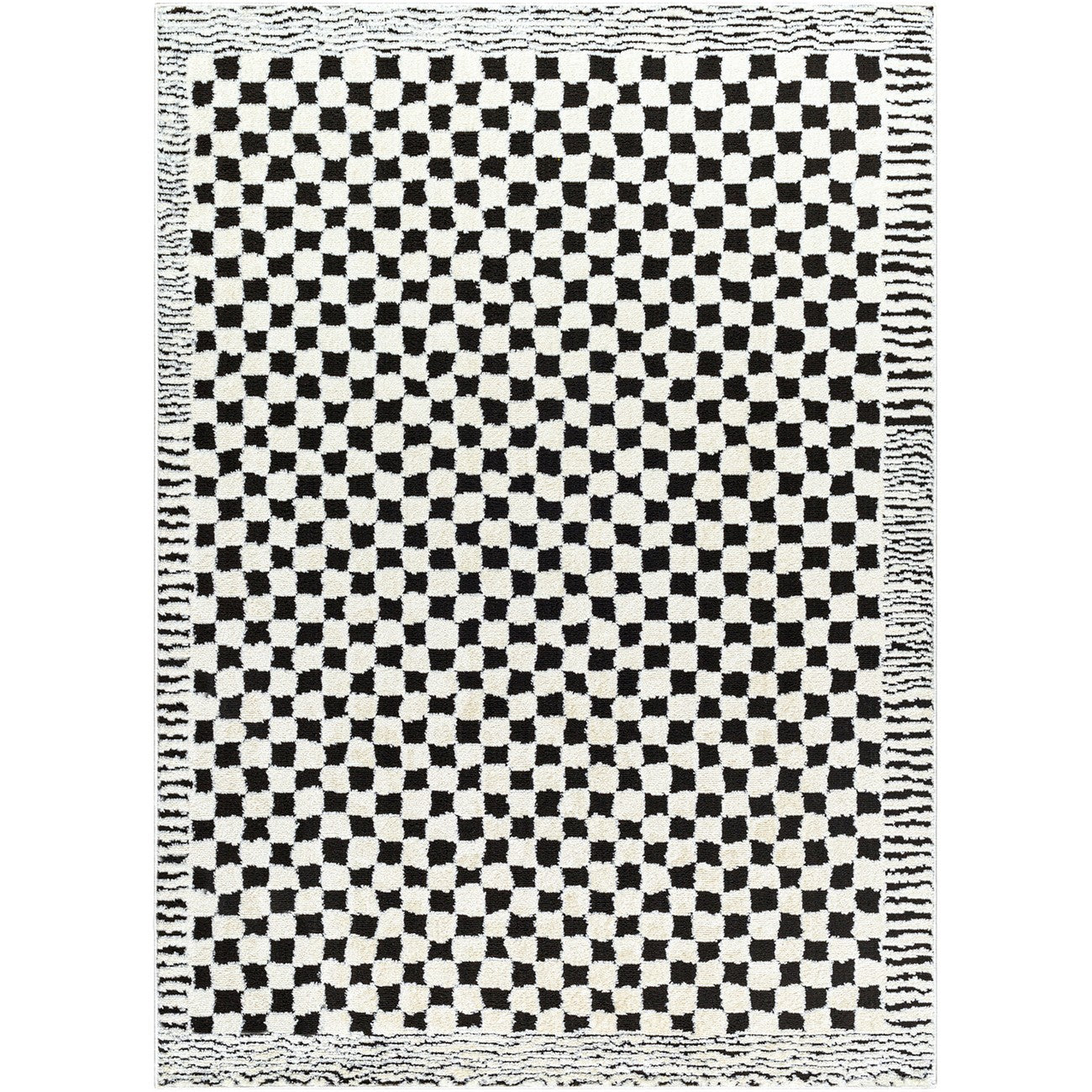 EKTA Scandi Modern High Pile Ivory/Black Checkered Area Rug Flat