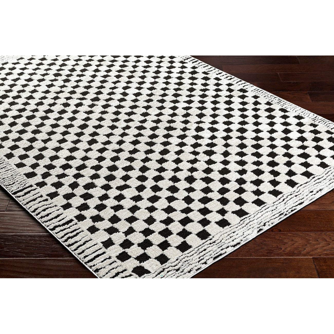 EKTA Scandi Modern High Pile Ivory/Black Checkered Area Rug Corner