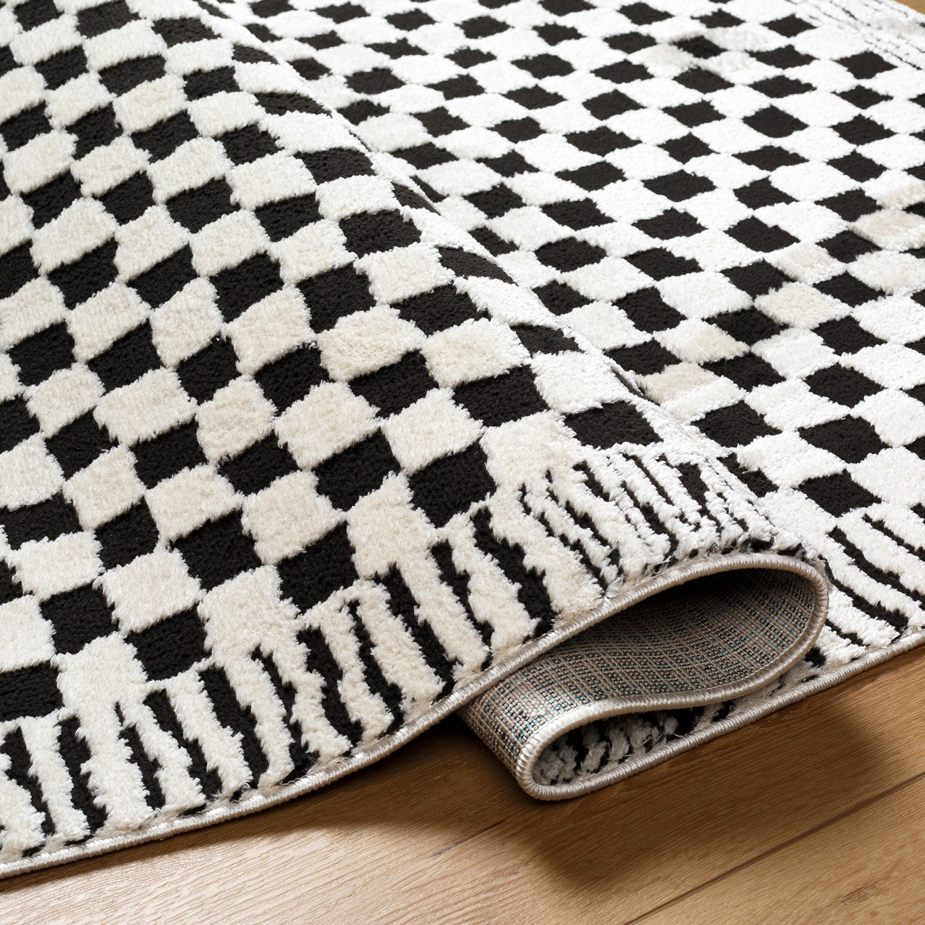 EKTA Scandi Modern High Pile Ivory/Black Checkered Area Rug Fold
