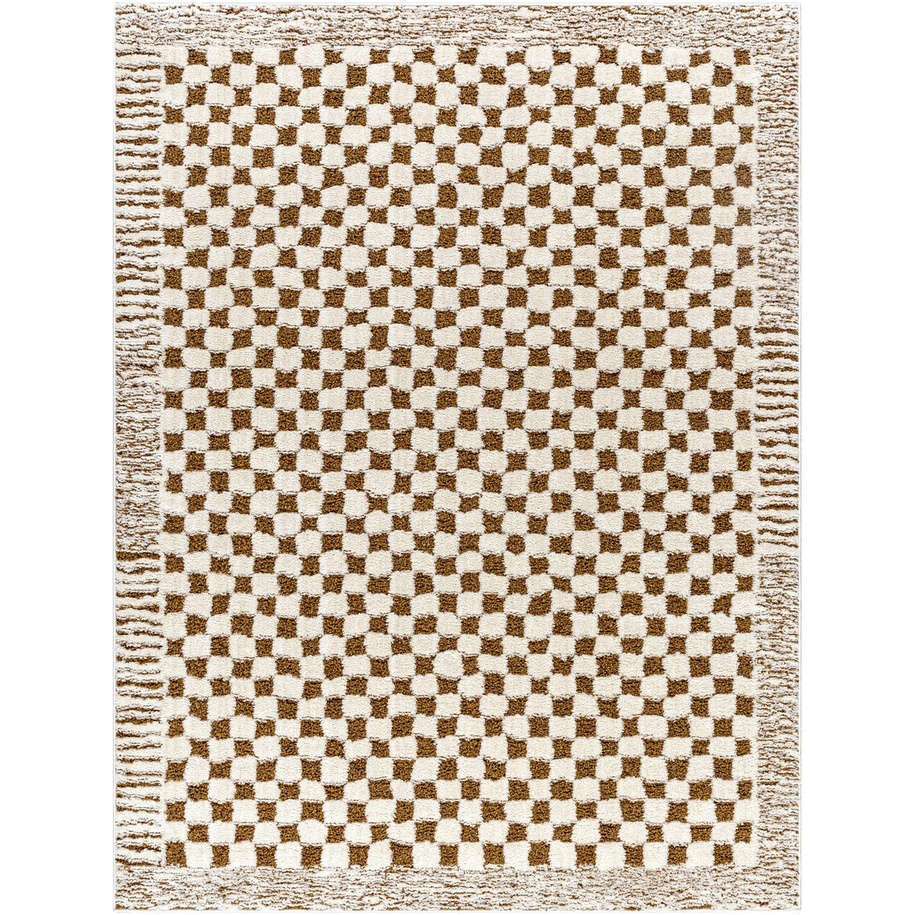 EKTA Scandi Modern High Pile Ivory/Brown Checkered Area Rug Flat