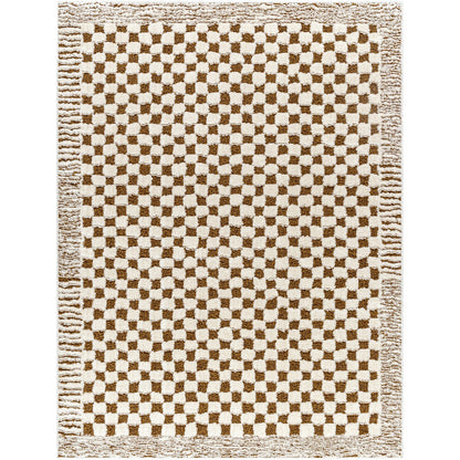 EKTA Scandi Modern High Pile Ivory/Brown Checkered Area Rug Flat
