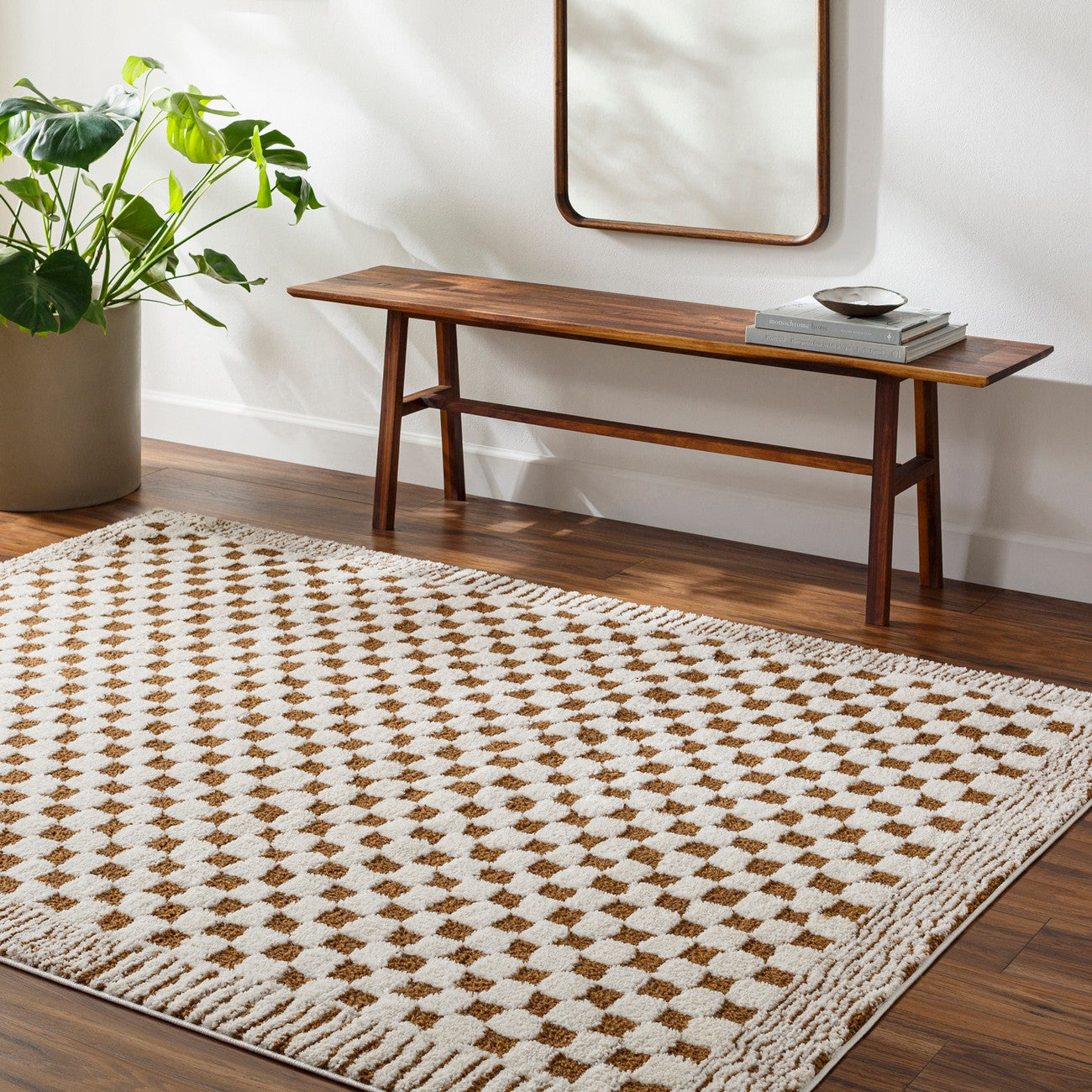 EKTA Scandi Modern High Pile Ivory/Brown Checkered Area Rug Roomscene