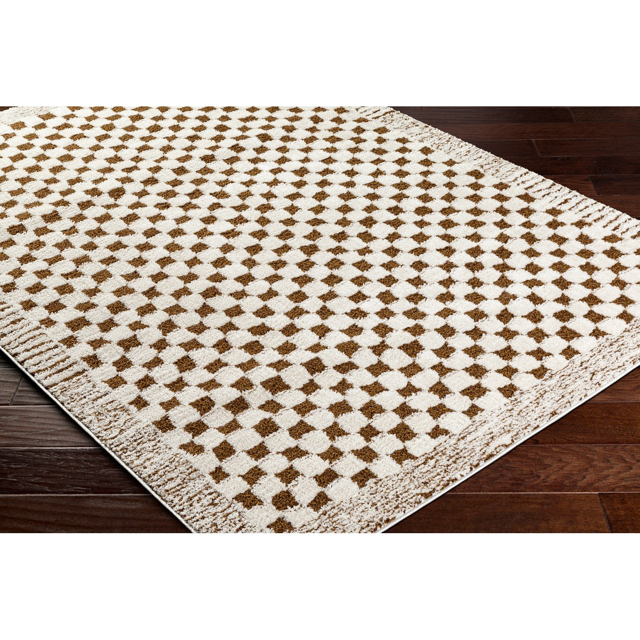 EKTA Scandi Modern High Pile Ivory/Brown Checkered Area Rug Corner