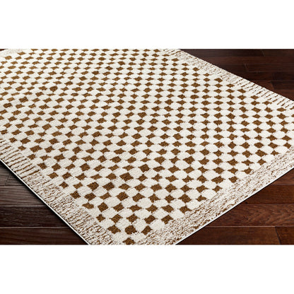 EKTA Scandi Modern High Pile Ivory/Brown Checkered Area Rug Corner