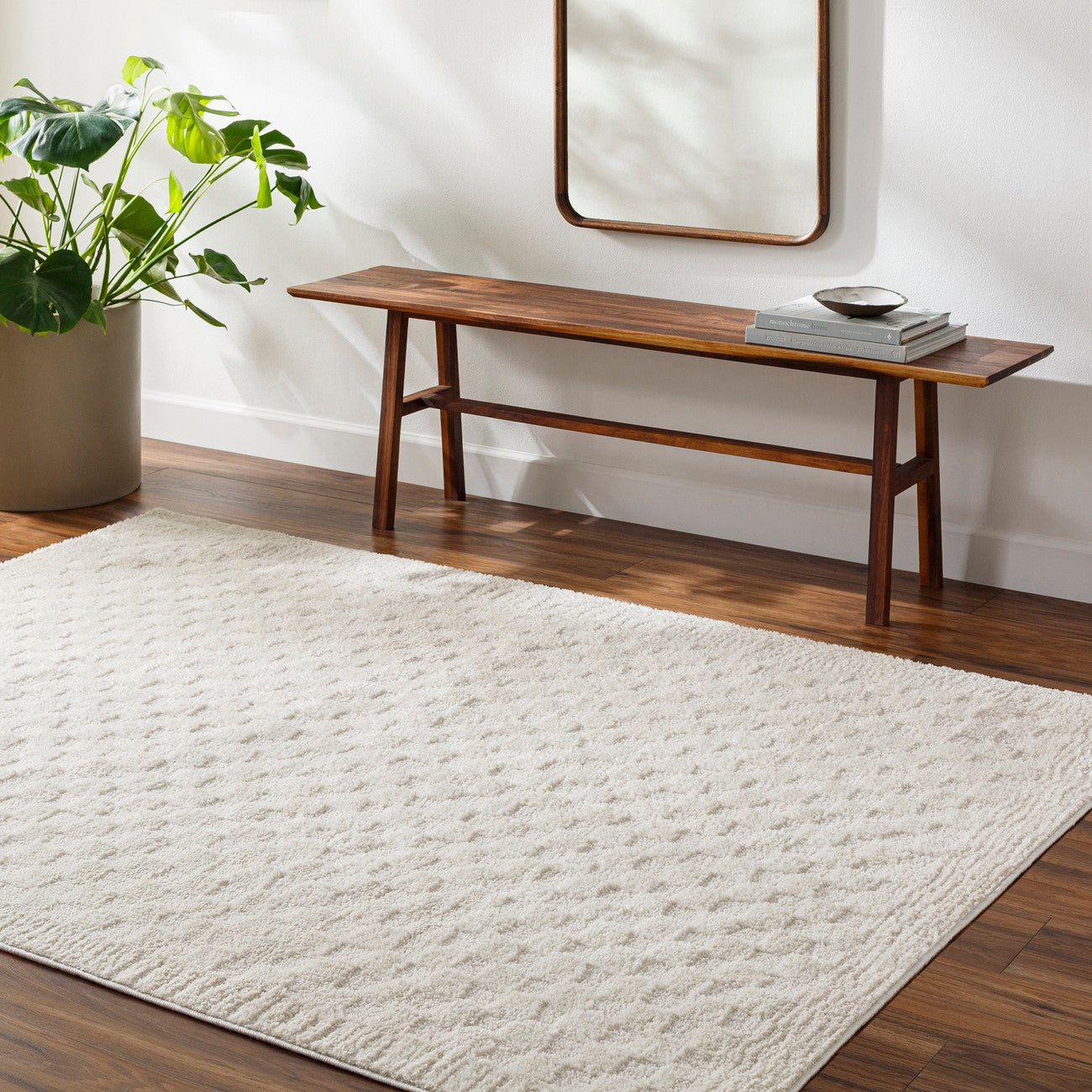 EKTA Scandi Modern High Pile Ivory/Off-White Checkered Area Rug Roomscene