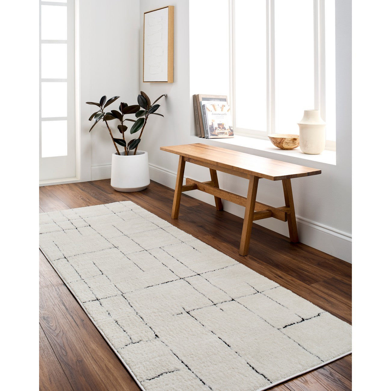 AVA Scandi Modern High Pile Ivory/Black Area Rug Roomscene