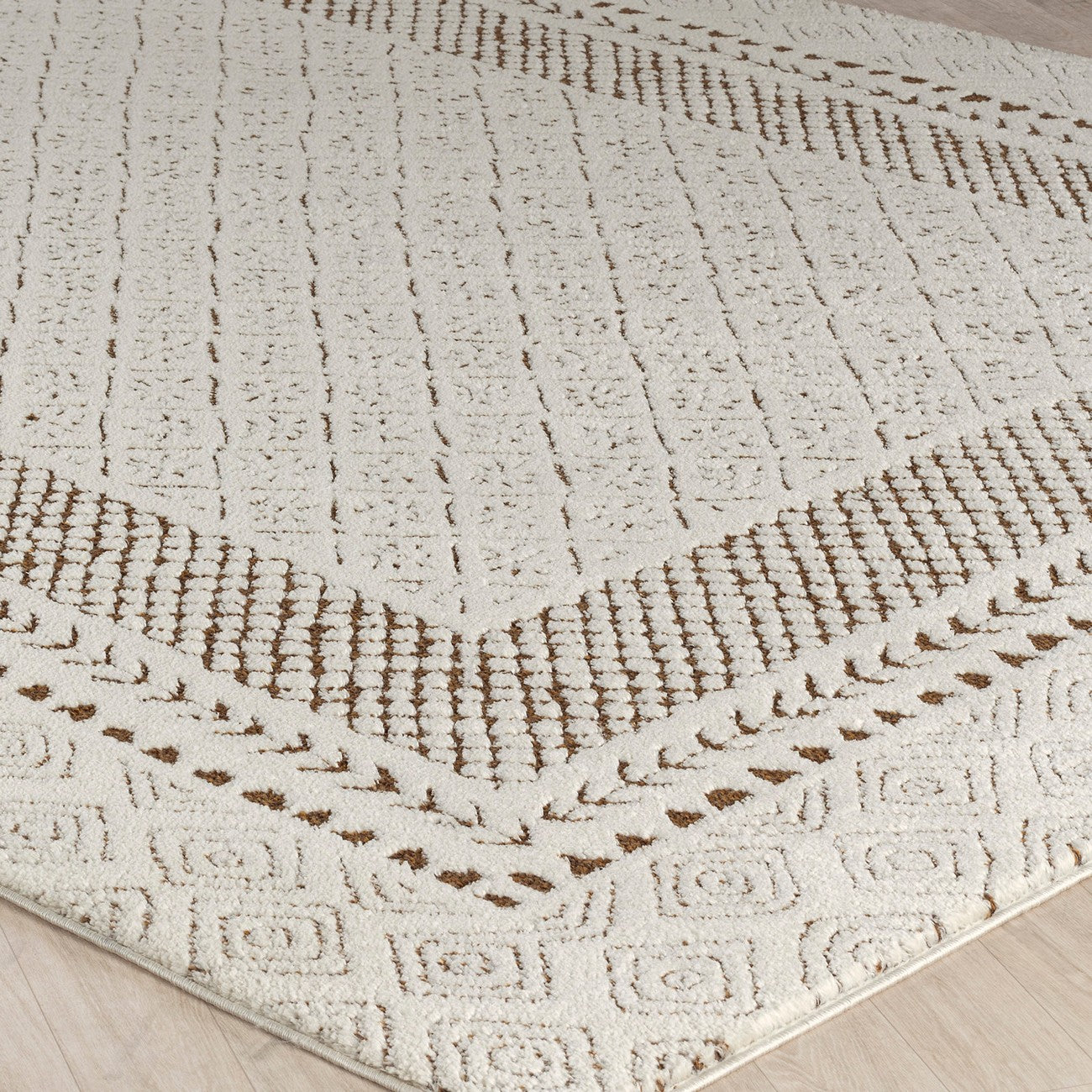 AMBRE Scandi Modern High Pile Ivory/Brown Area Rug Corner