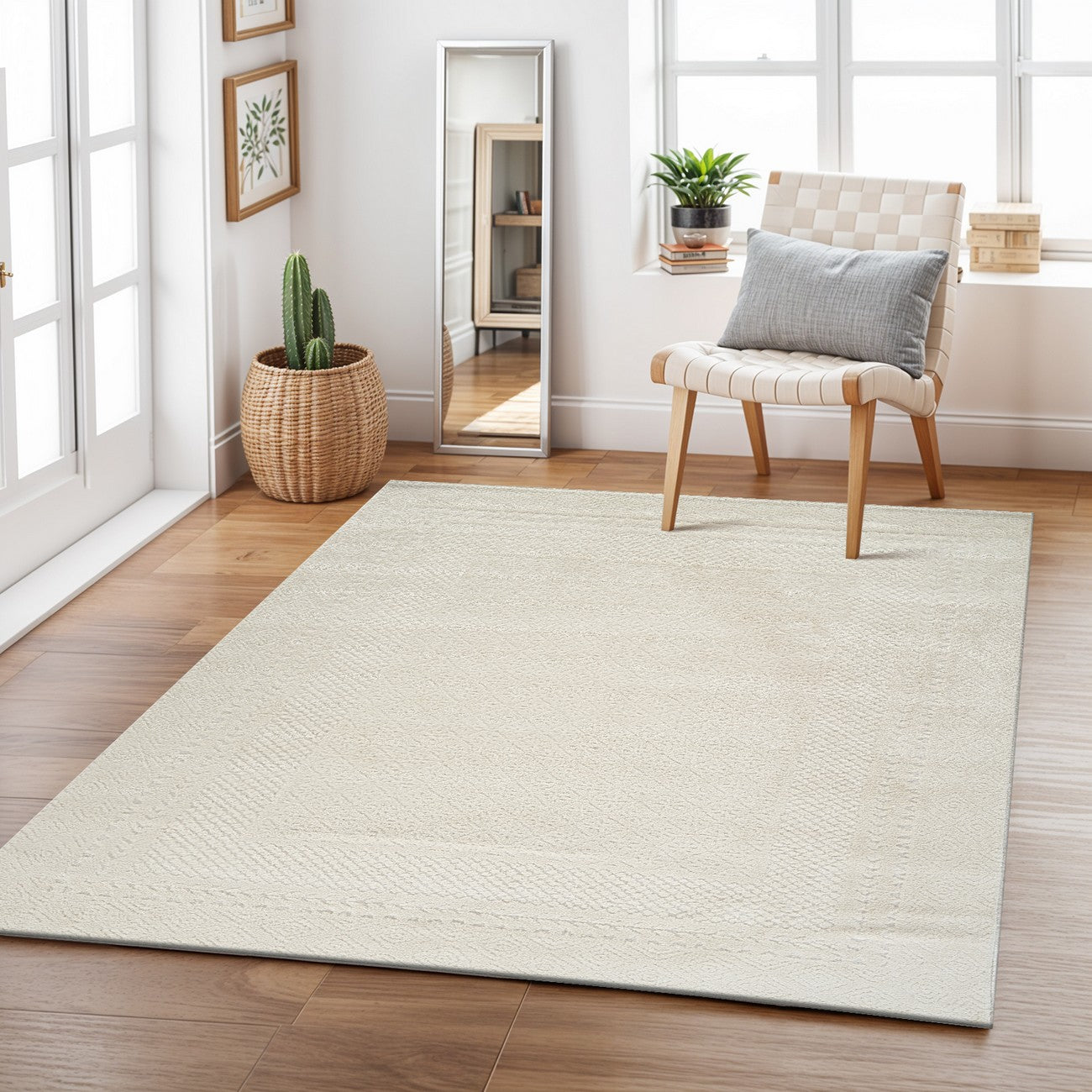 AMBRE Scandi Modern High Pile Ivory/Off-White Area Rug Roomscene