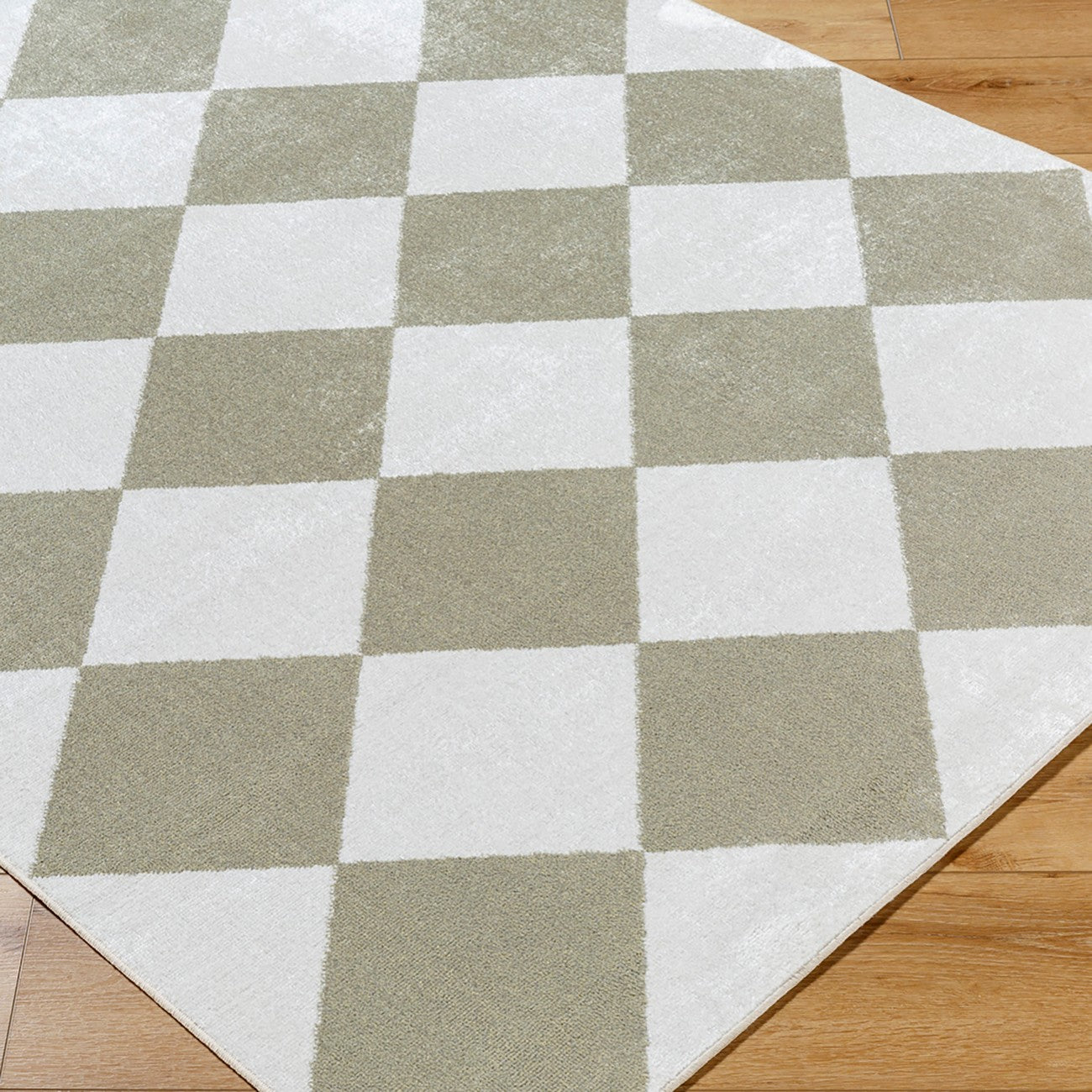 GHISLAINE Machine Washable Modern Boho Diamond Dusty Sage Area Rug Corner