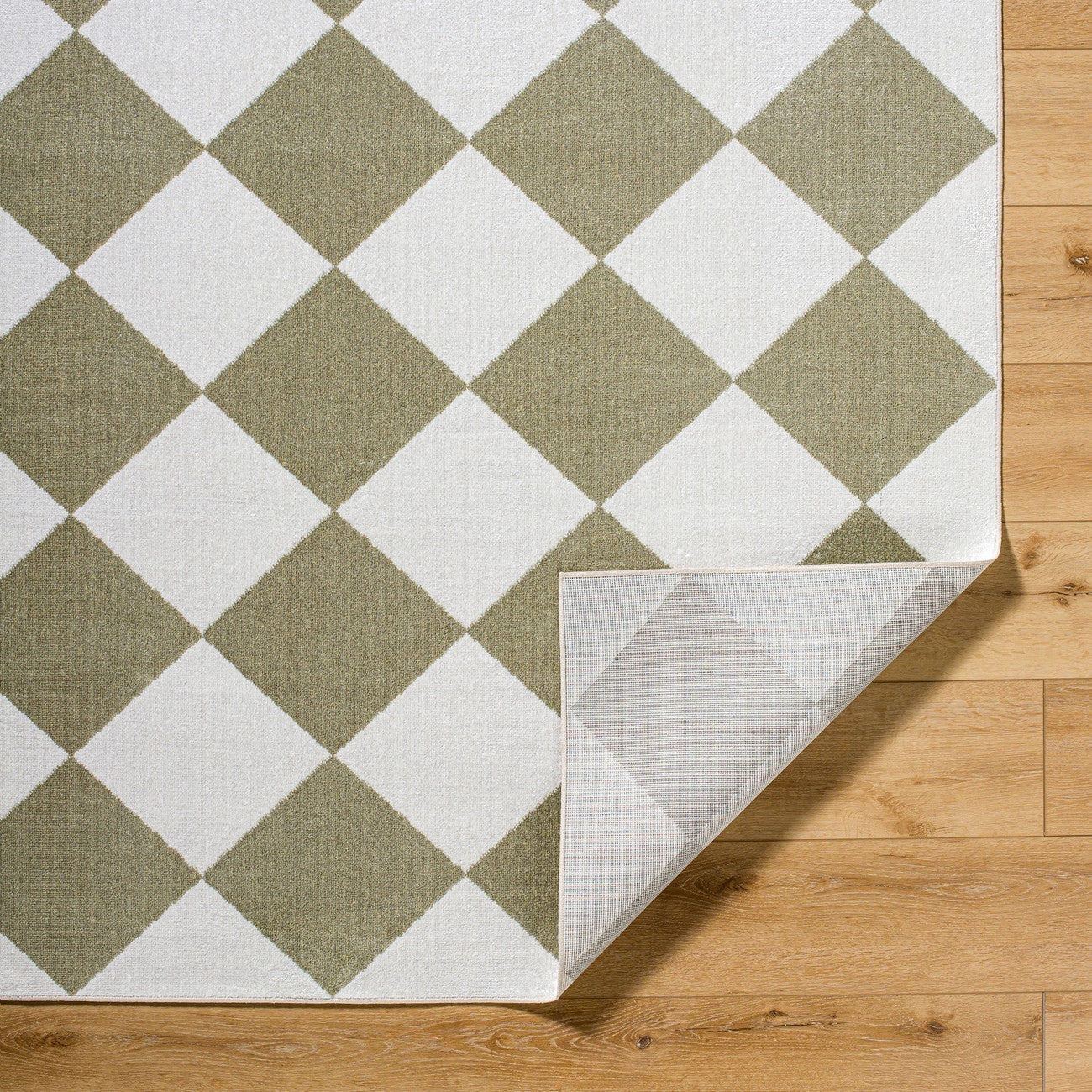 GHISLAINE Machine Washable Modern Boho Diamond Dusty Sage Area Rug Fold