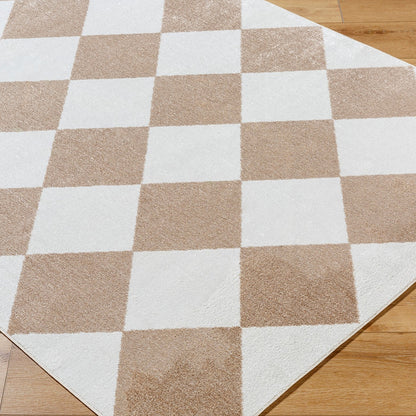 GHISLAINE Machine Washable Modern Boho Diamond Light Brown Area Rug Corner