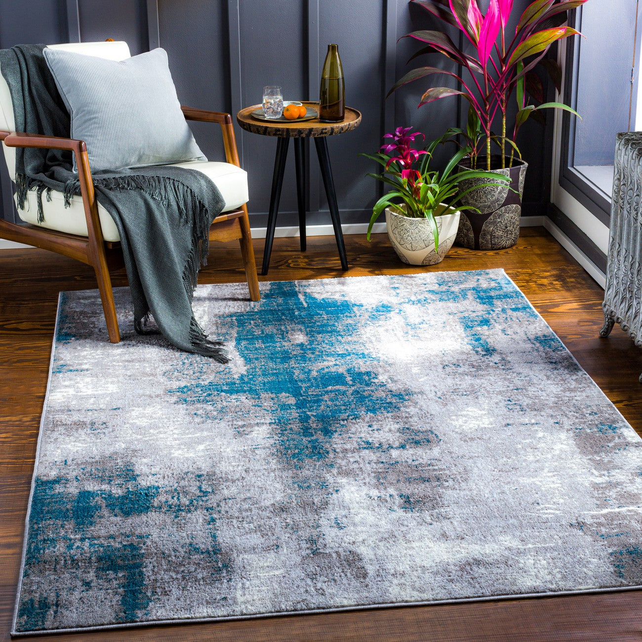 GIULIA Abstract Modern Marble Teal Area Rug Roomscene