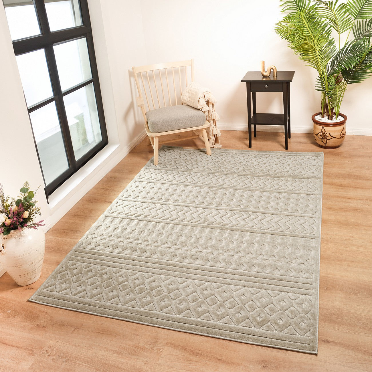 HARUKA Indoor & Outdoor 3D High & Low Pile Textured Beige Area Rug Roomscene