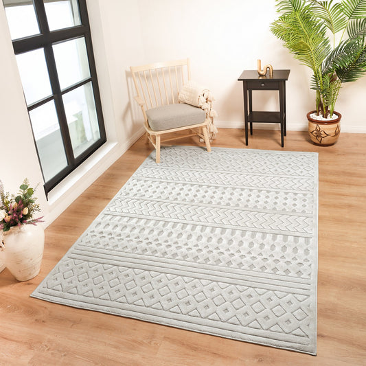HARUKA Indoor & Outdoor 3D High & Low Pile Textured White Area Rug LMM2329 Roomscene