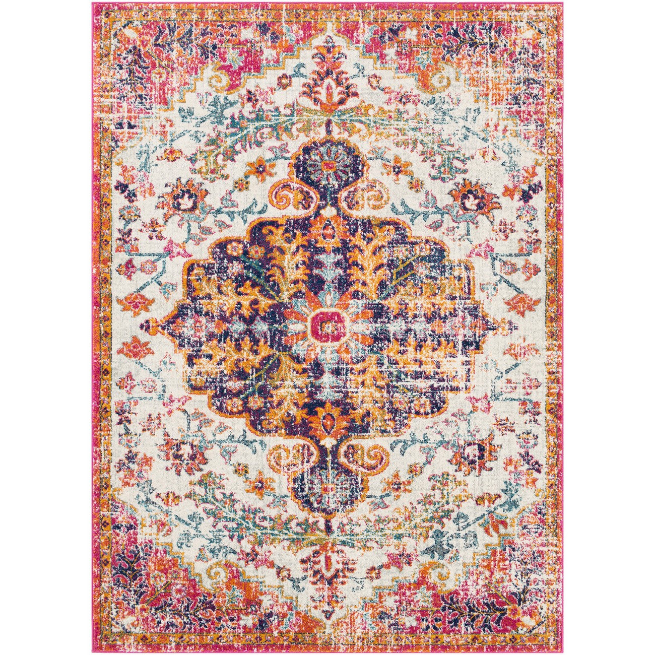 LOU Vintage Traditional Oriental Boho Neon Pink Area Rug Flat