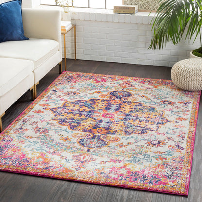 LOU Vintage Traditional Oriental Boho Neon Pink Area Rug Roomscene