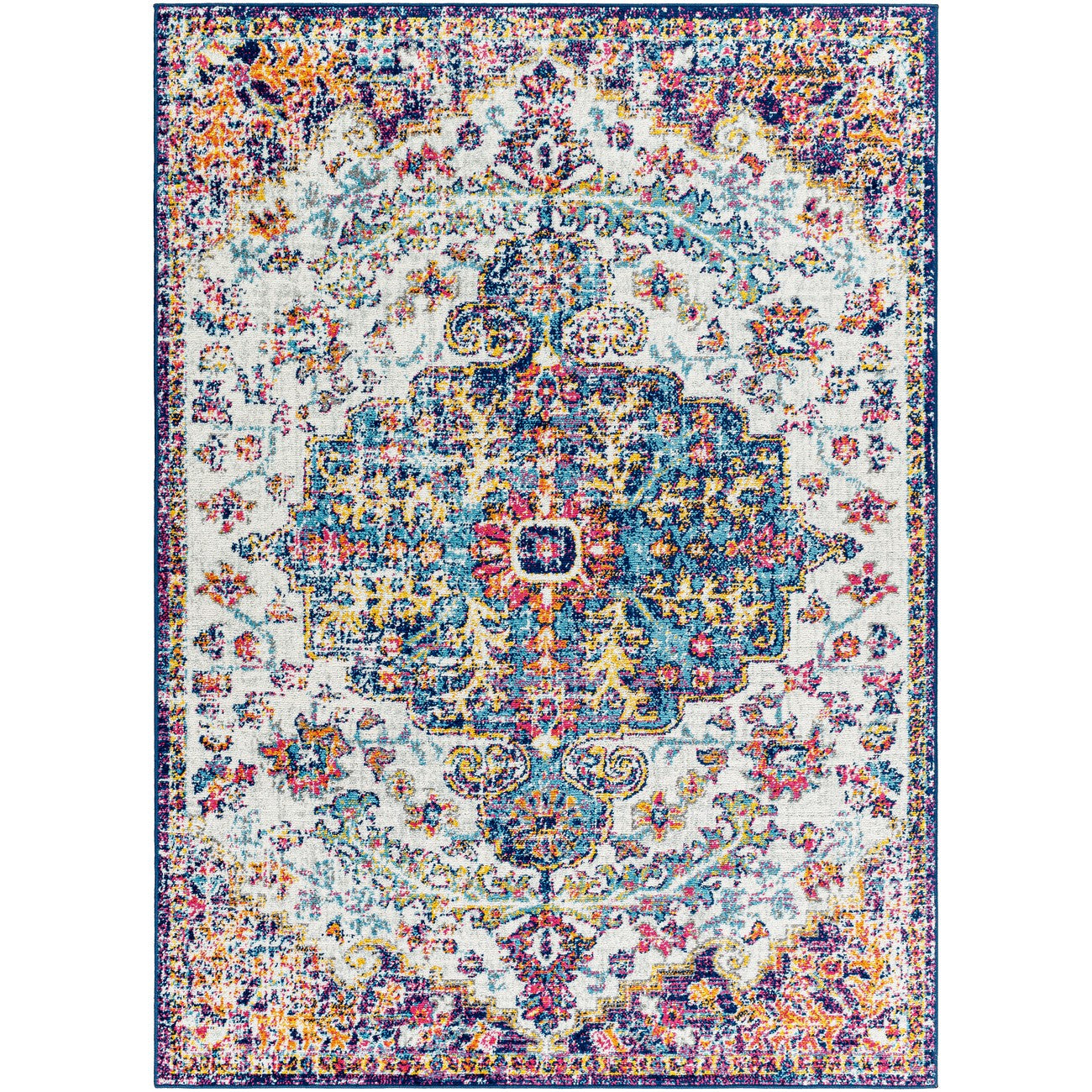 LOU Vintage Traditional Oriental Boho Orange/Dark Blue Area Rug Flat