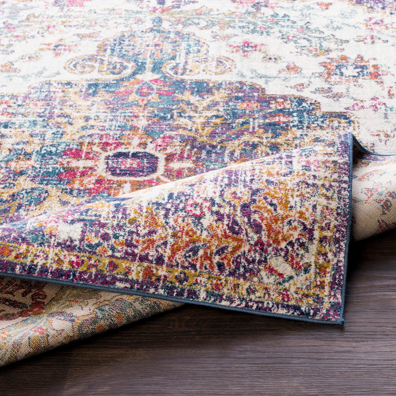 LOU Vintage Traditional Oriental Boho Orange/Dark Blue Area Rug Fold