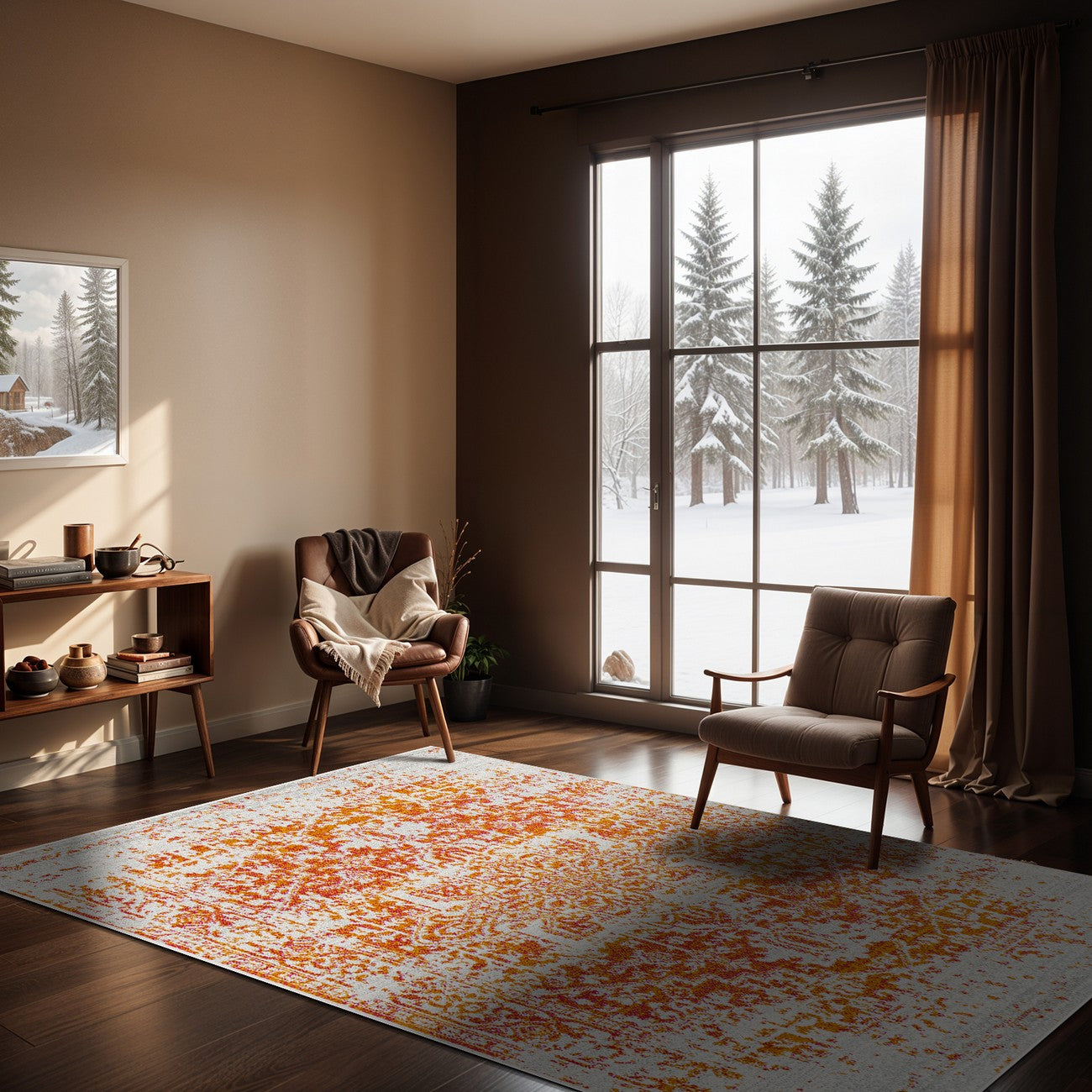 JULIETTE Vintage Traditional Oriental Boho Orange/White Area Rug Roomscene