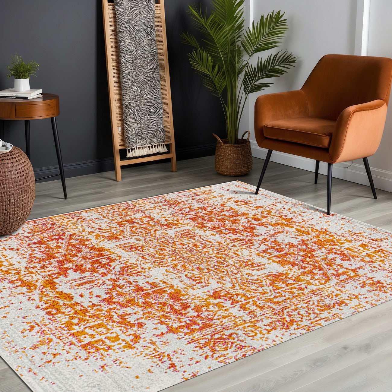 JULIETTE Vintage Traditional Oriental Boho Orange/White Area Rug Roomscene