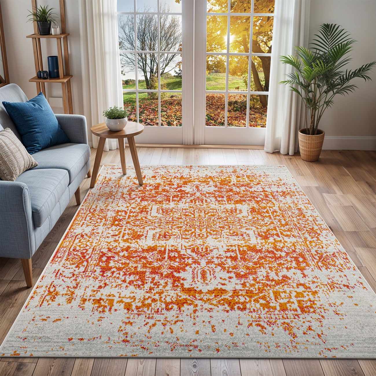 JULIETTE Vintage Traditional Oriental Boho Orange/White Area Rug Roomscene