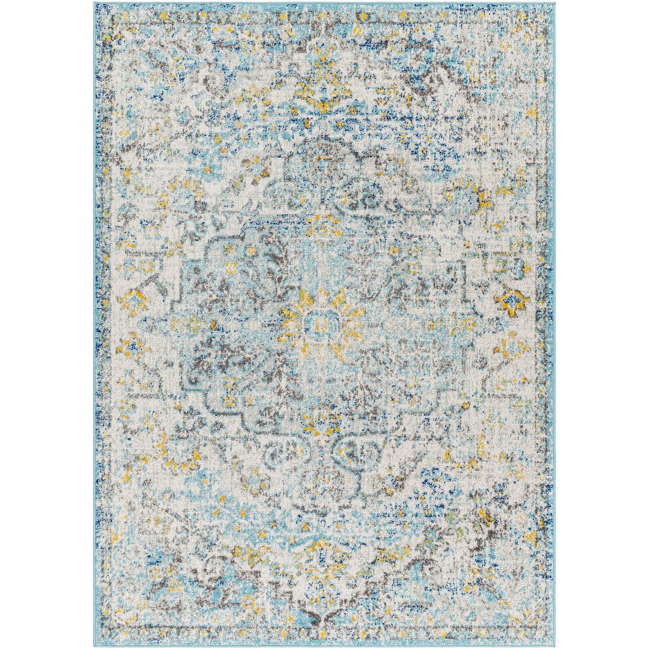 LOU Vintage Traditional Oriental Boho Cream/Teal/Yellow Area Rug Flat