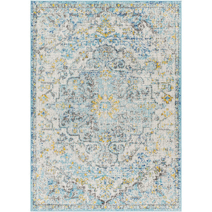 LOU Vintage Traditional Oriental Boho Cream/Teal/Yellow Area Rug Flat