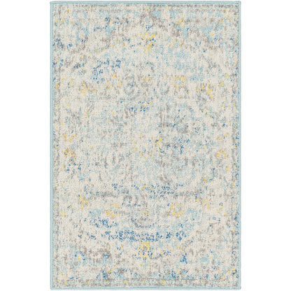 LOU Vintage Traditional Oriental Boho Cream/Teal/Yellow Area Rug Flat