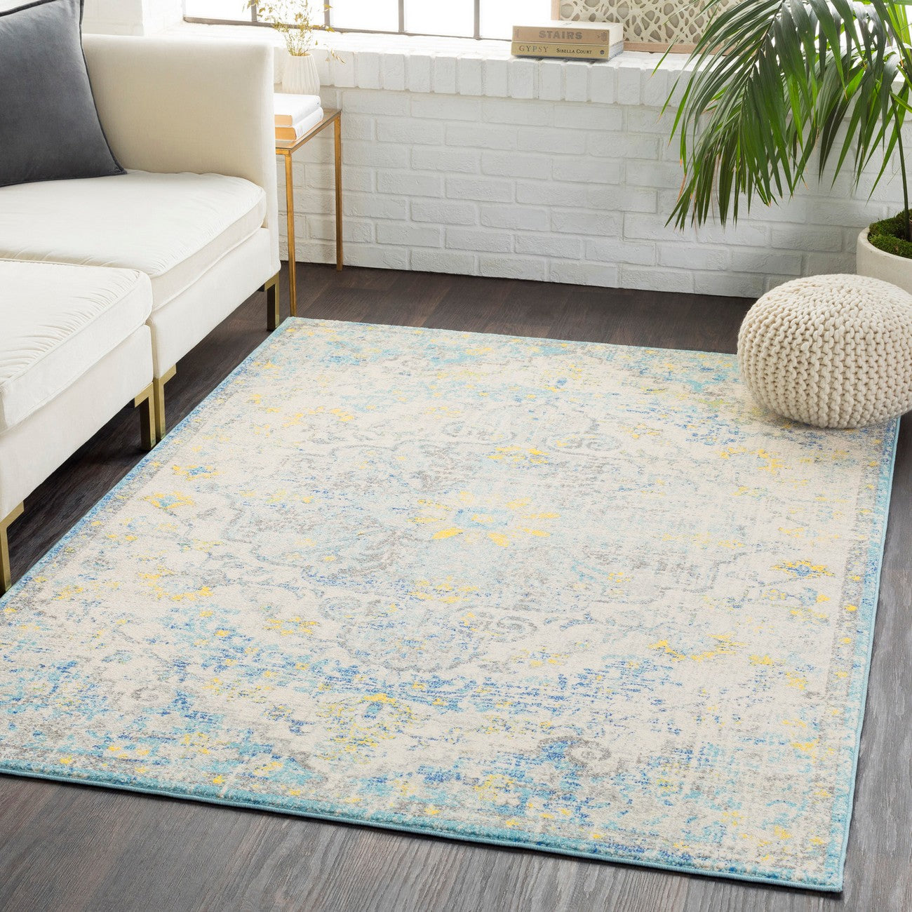 LOU Vintage Traditional Oriental Boho Cream/Teal/Yellow Area Rug Roomscene