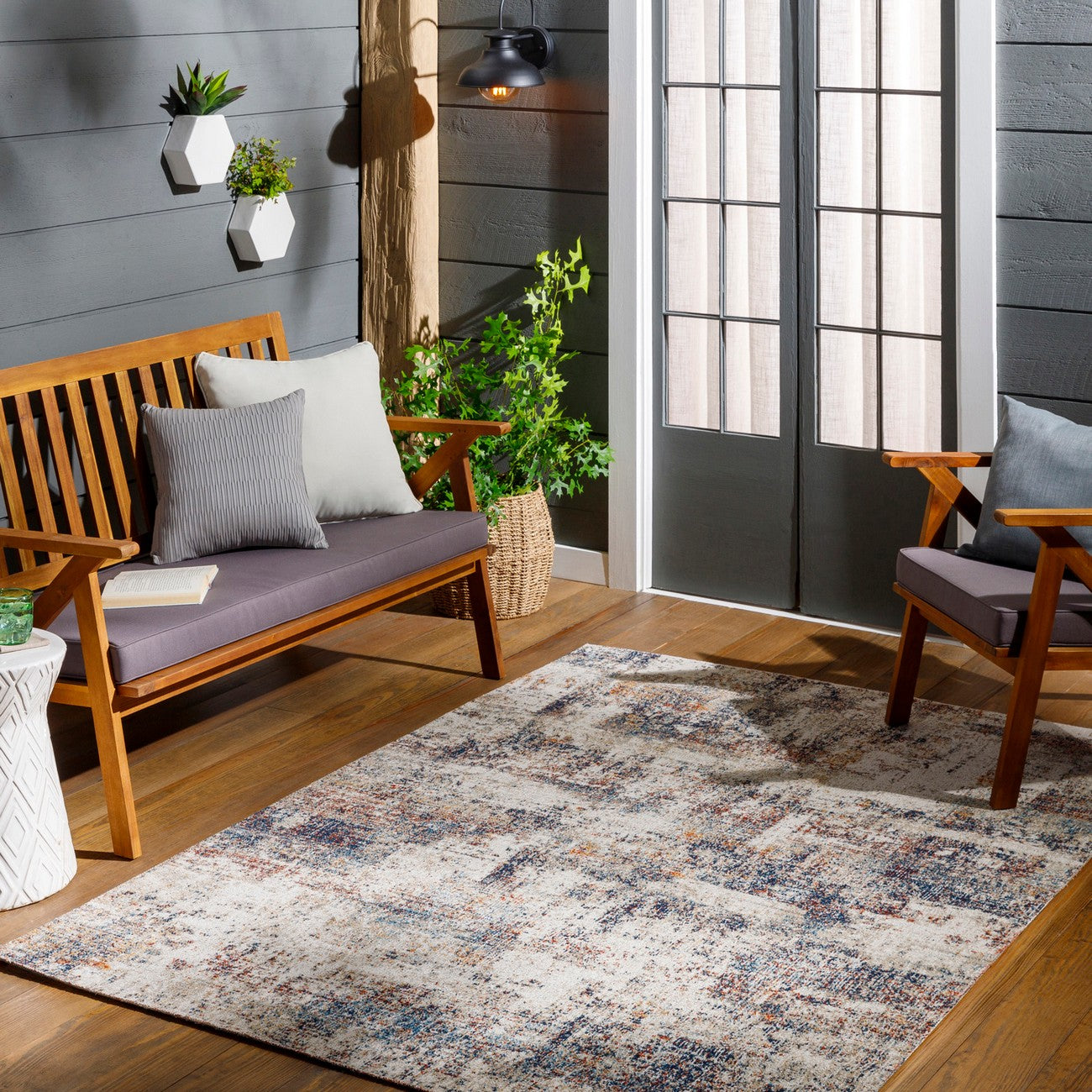 LEILA LUCAS Indoor & Outdoor Modern Blue/Grey Area Rug Roomscene