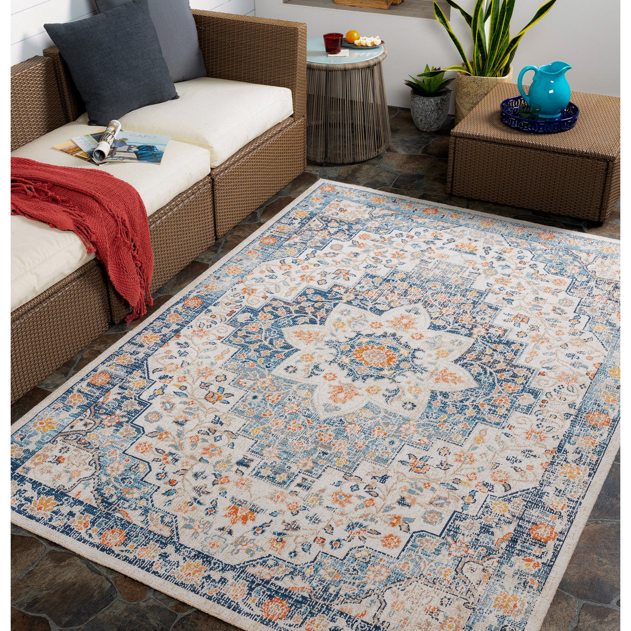 SELMA CLIFF Indoor & Outdoor Traditional Boho Dark Blue Area Rug Roomscene