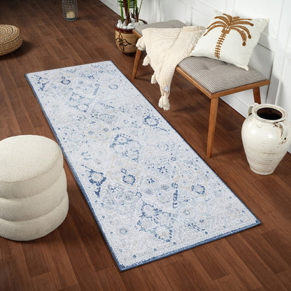 INES Vintage Oriental Boho Blue Area Rug Roomscene