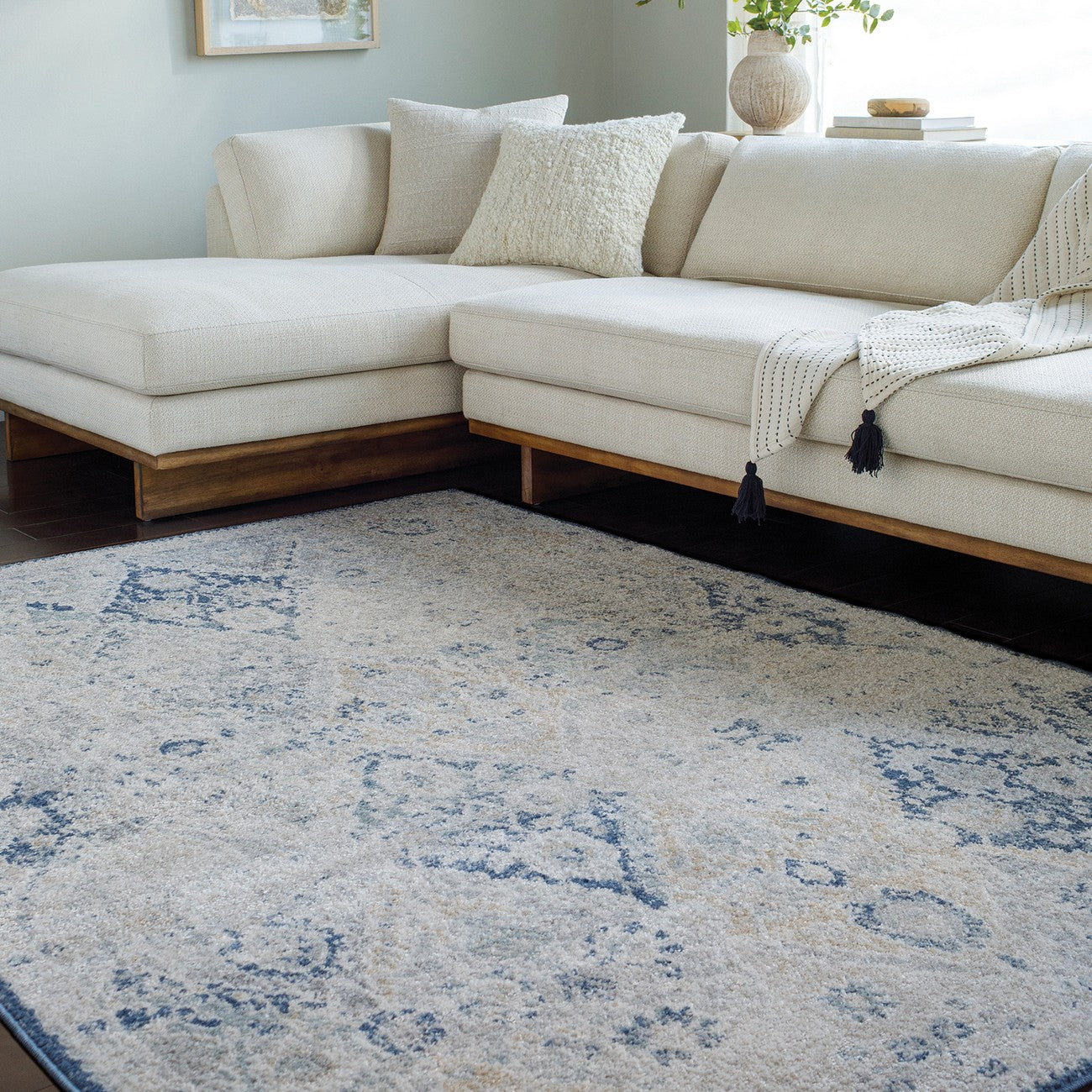 INES Vintage Oriental Boho Blue Area Rug Roomscene