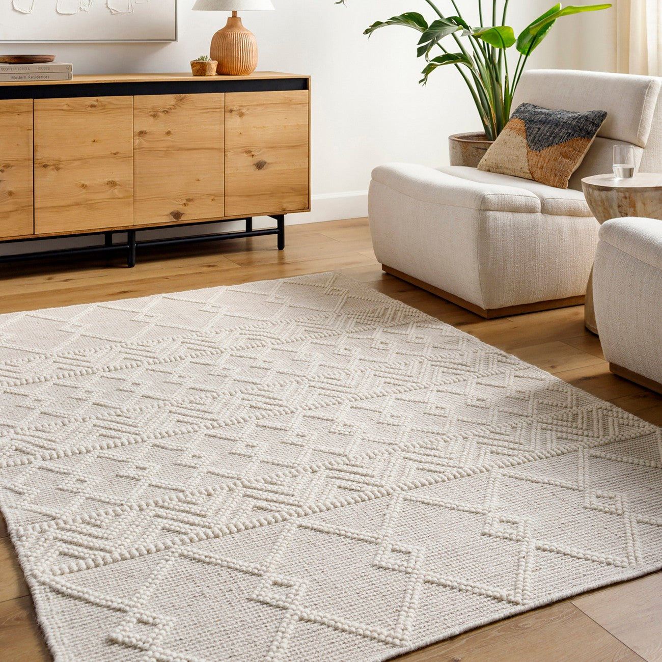 ISHANI Hand-Woven Global Wool Beige Area Rug Roomscene