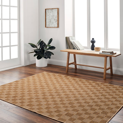 JERRIE Indoor & Outdoor Jute-Look Medium Brown Checkered Area Rug Roomscene