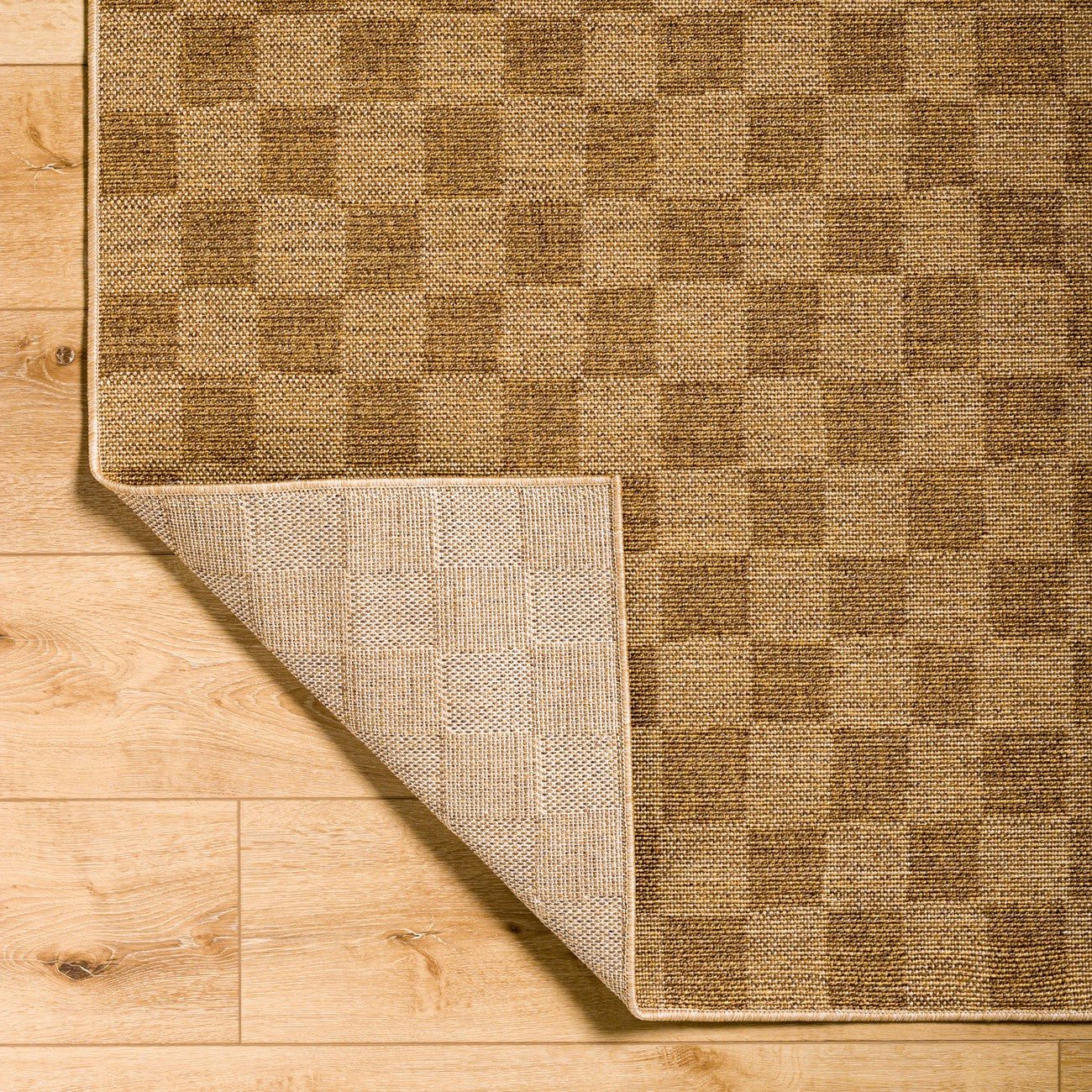 JERRIE Indoor & Outdoor Jute-Look Medium Brown Checkered Area Rug Fold