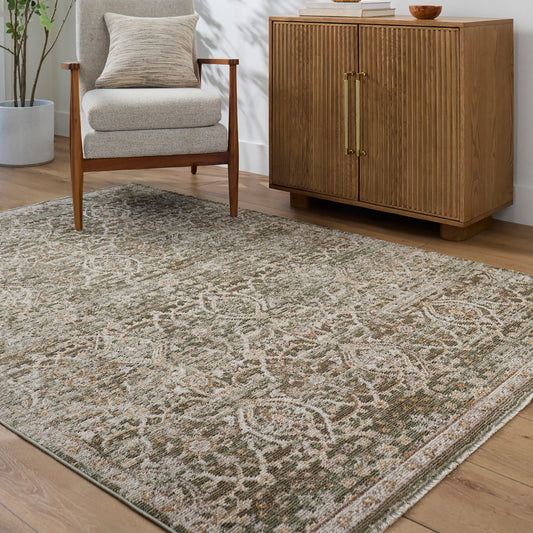 JONI Galey Alix x Livabliss Vintage Traditional Oriental Boho Olive/Cream Area Rug Roomscene
