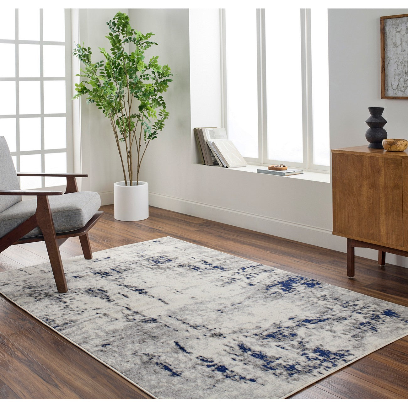 JOSEFA Abstract Modern Marble Dark Blue Area Rug Roomscene