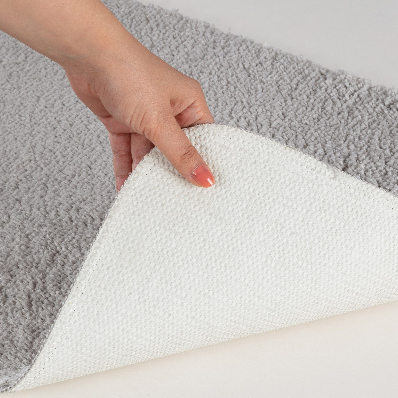 JUNE Machine Washable Non-Slip Light Grey Bathroom Rug Corner