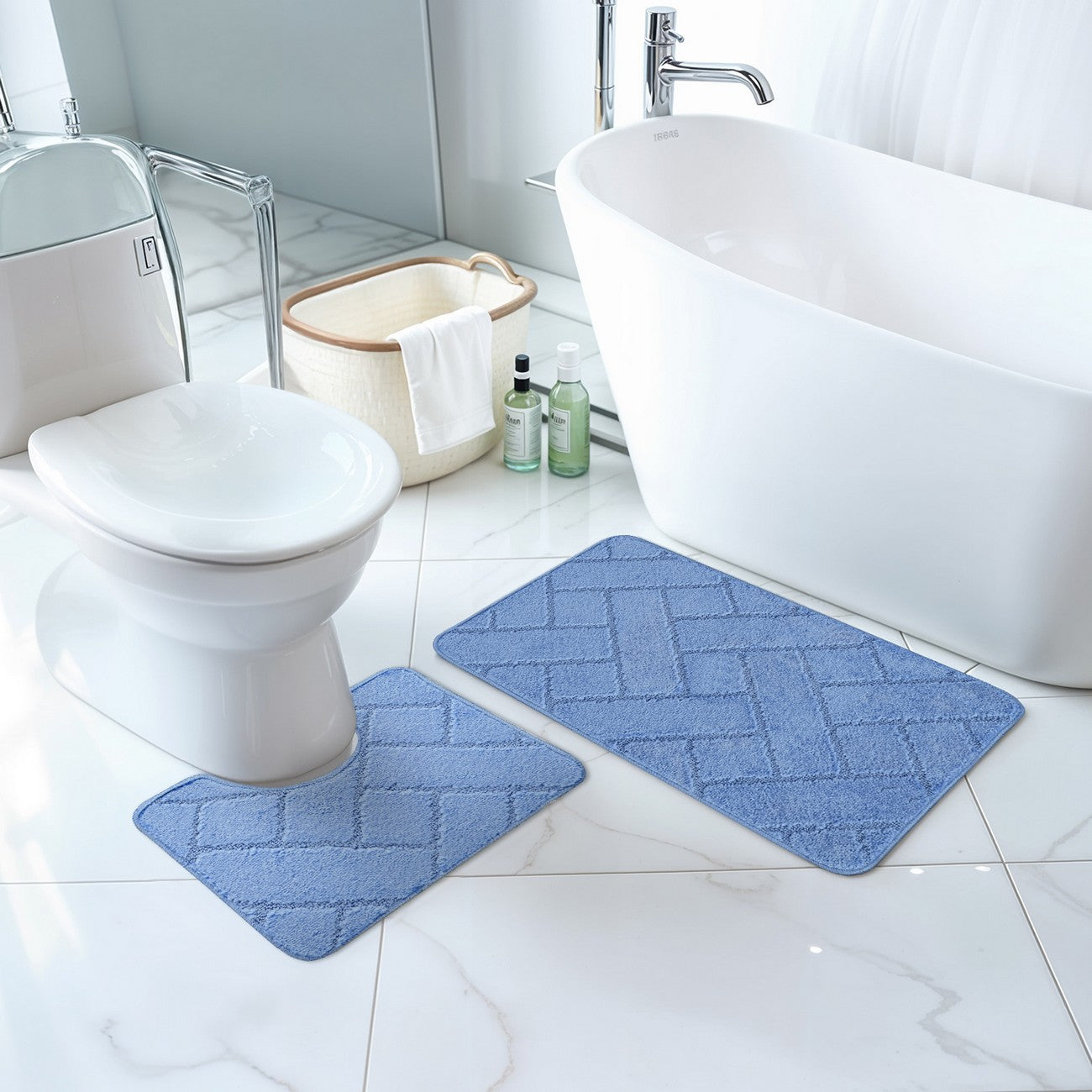JUNIPER 2 Piece Machine Washable Non-Slip Blue Bathroom Rug Set Roomscene