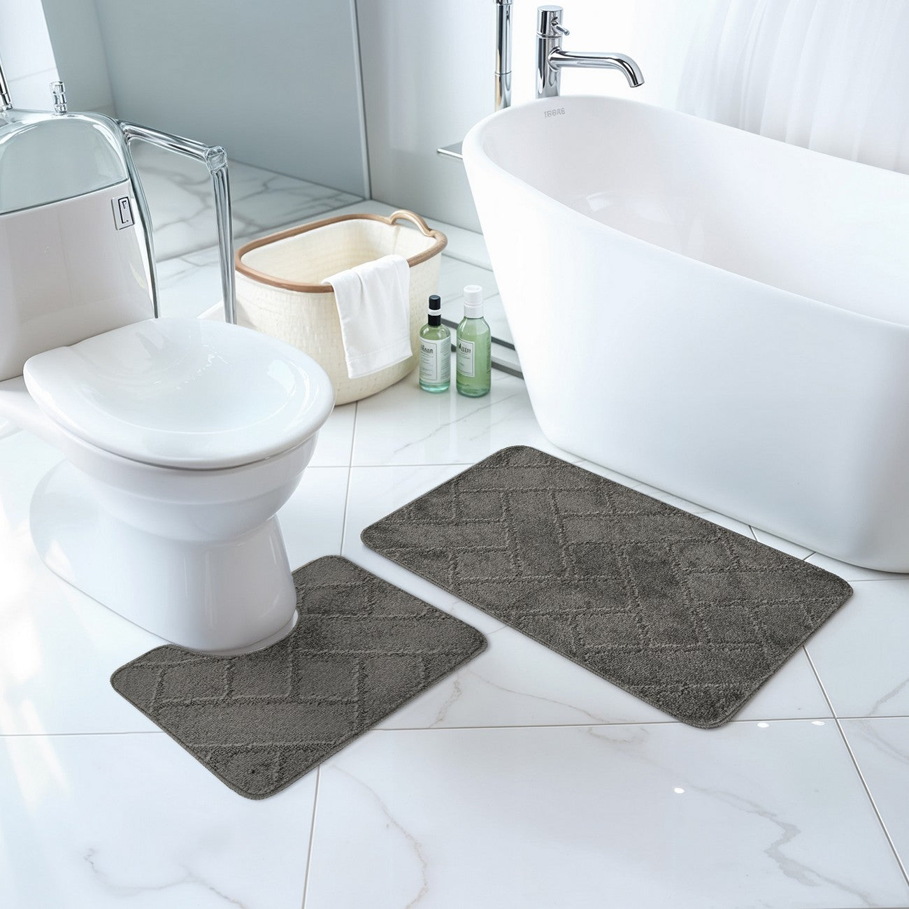 JUNIPER 2 Piece Machine Washable Non-Slip Dark Grey Bathroom Rug Set Roomscene