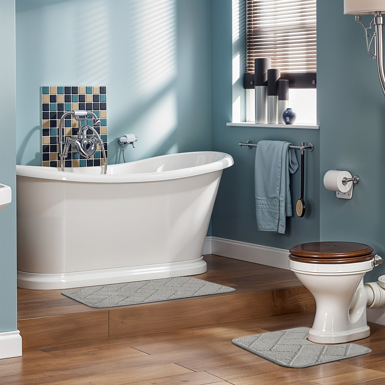 JUNIPER 2 Piece Machine Washable Non-Slip Light Grey Bathroom Rug Set Roomscene