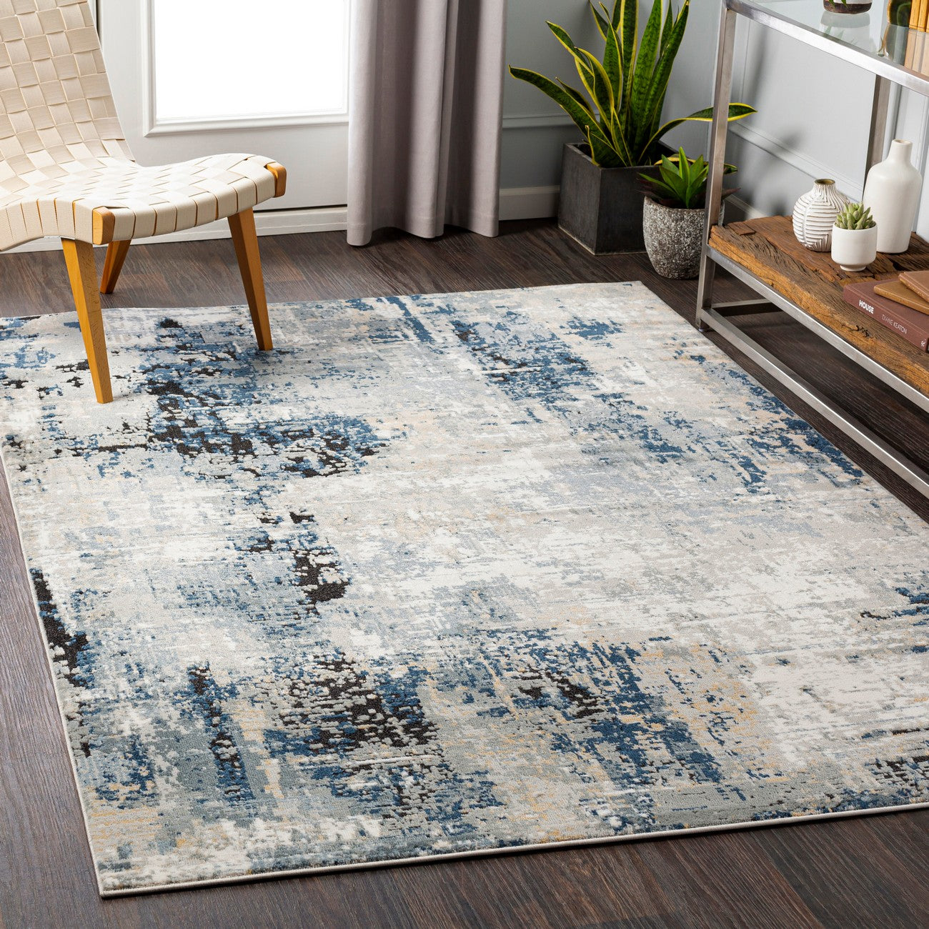 LENA Abstract Modern Marble Denim Area Rug Roomscene