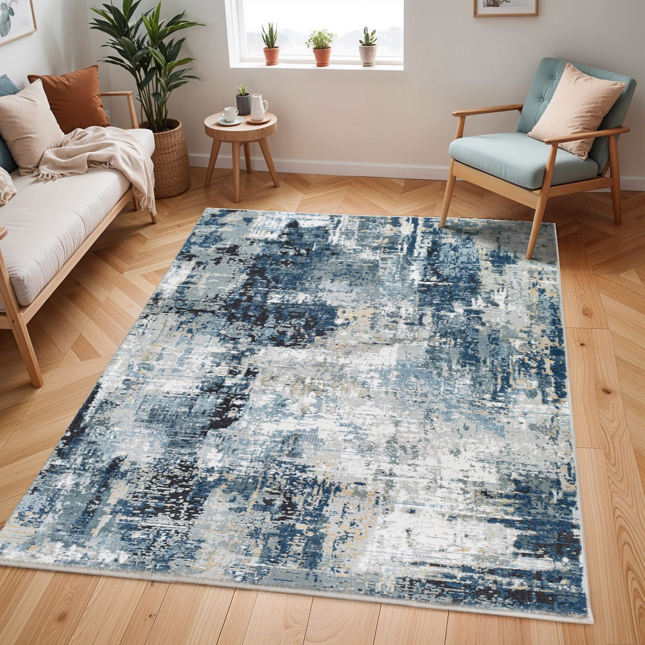 LENA Abstract Modern Marble Denim Area Rug Roomscene