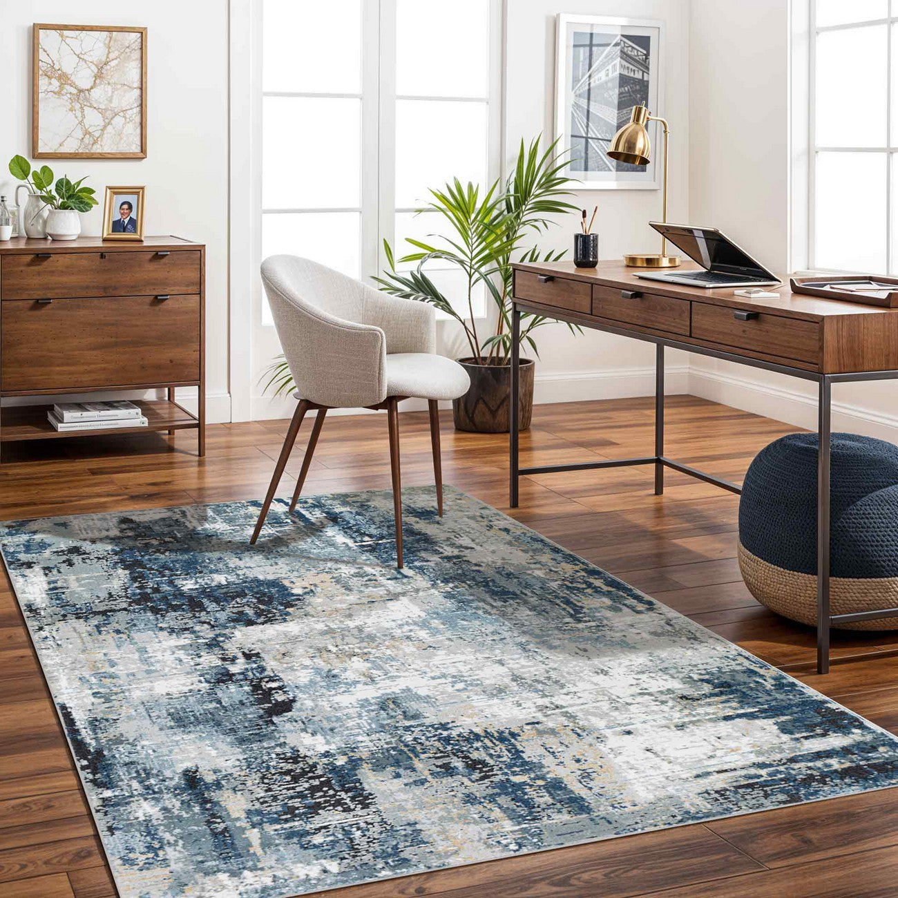 LENA Abstract Modern Marble Denim Area Rug Roomscene